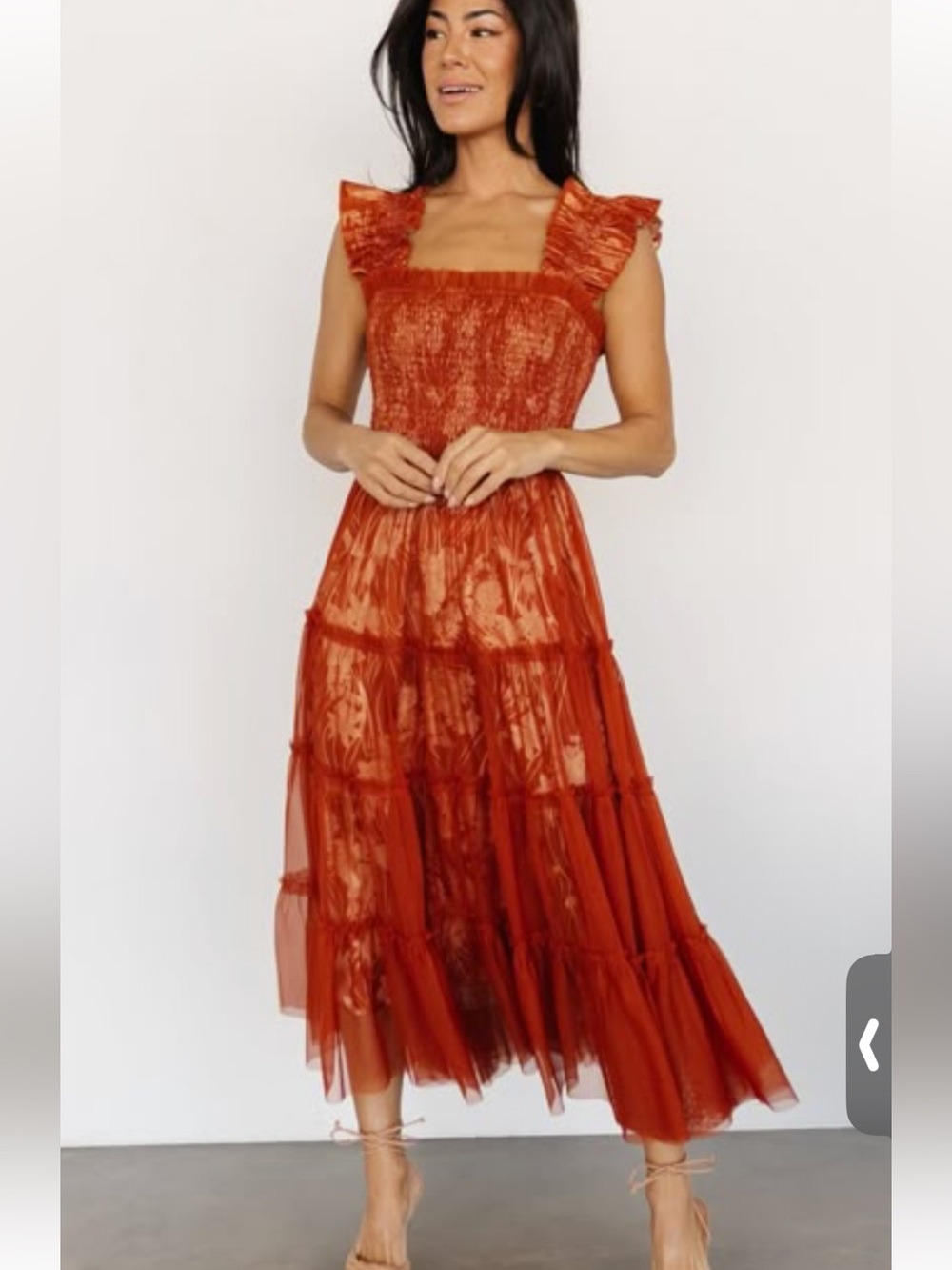 Baltic Born Cora Smocked Tulle Sleeveless Midi Dress in Rust Size Small